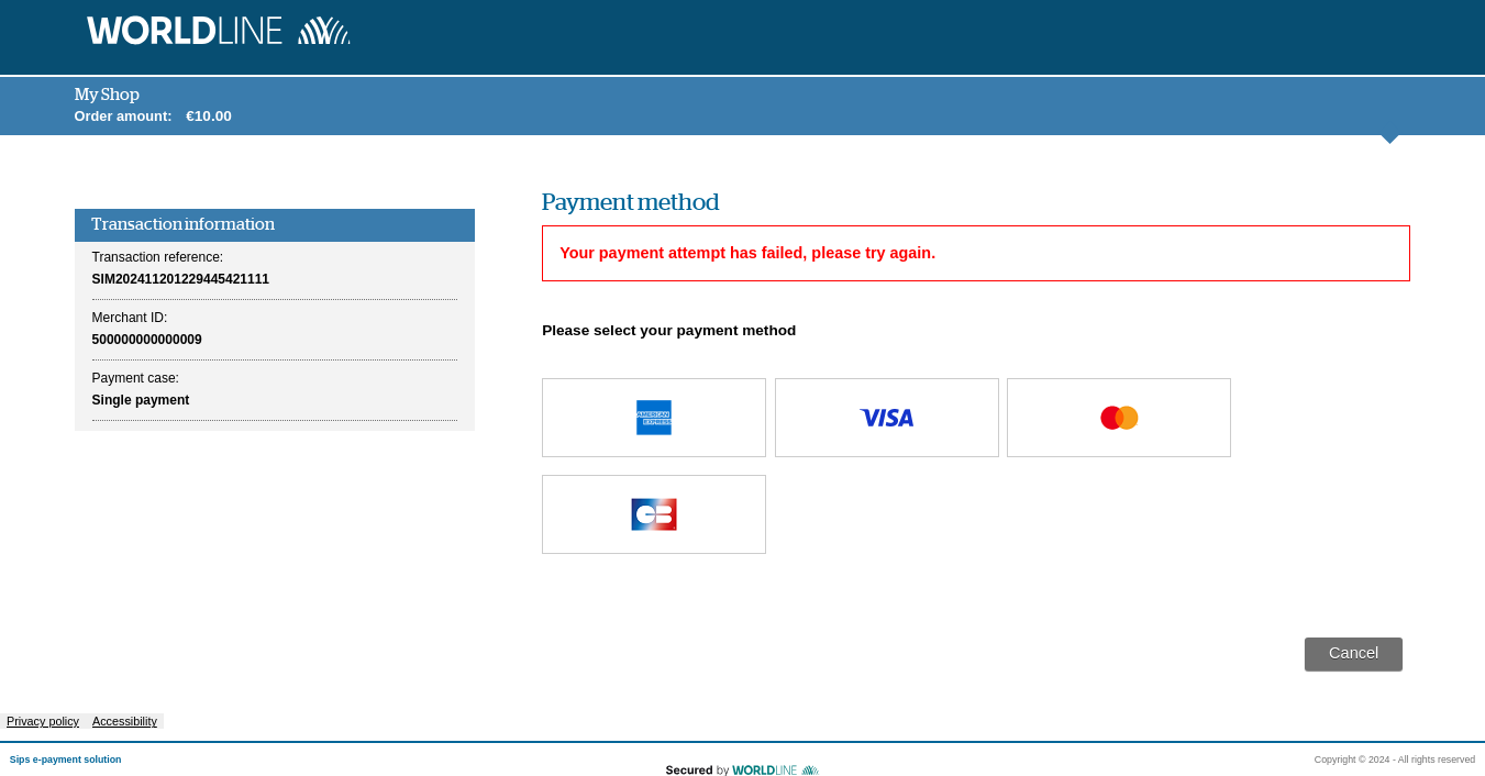 screenshot with the message: your payment attempt failed, please try again