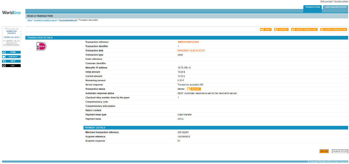 reference, identifier, date, type, amount, server response and payment method