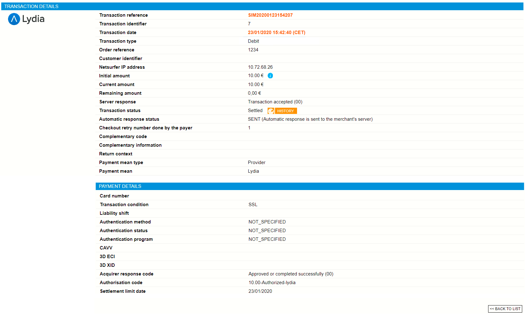 reference, identifier, date, amount, status, server response and some others information