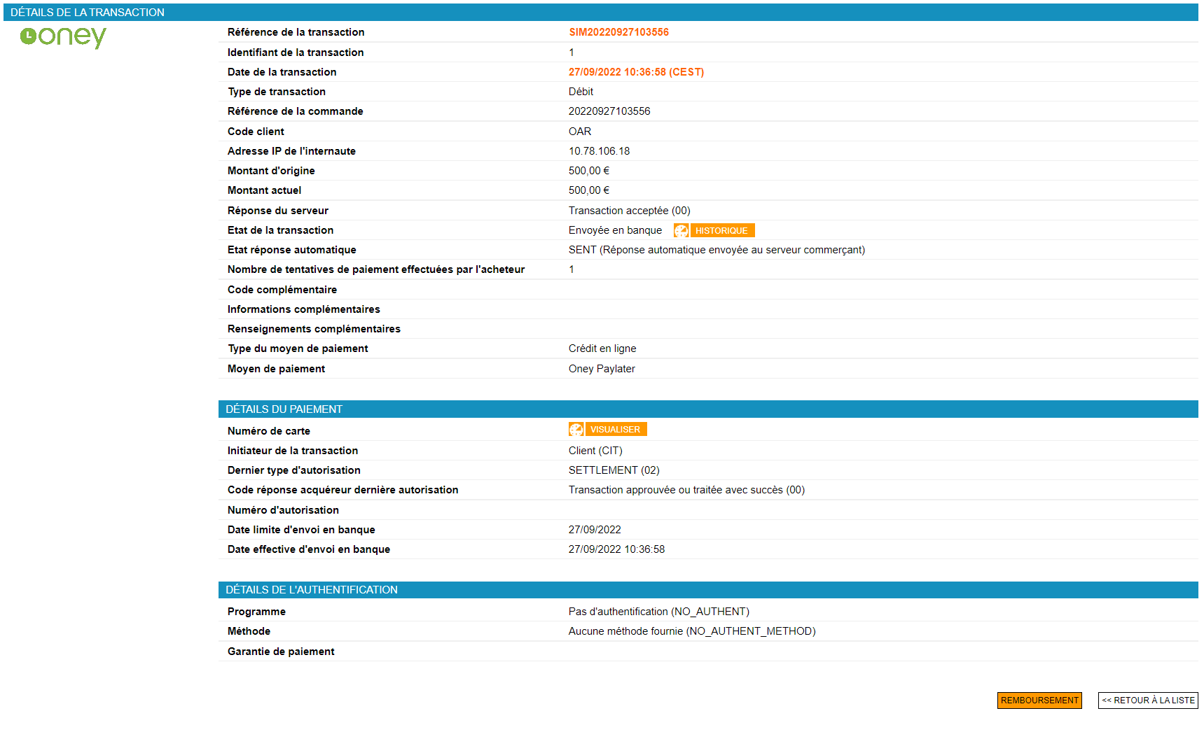 Screenshot of an Oney paylater transaction details