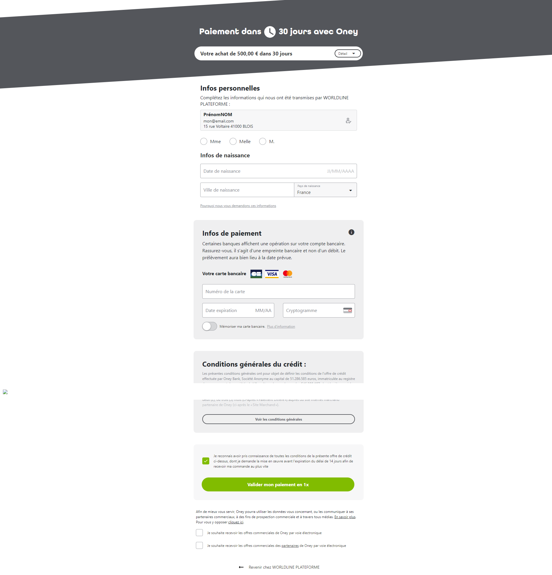 Screenshot showing the input fields for the payment data