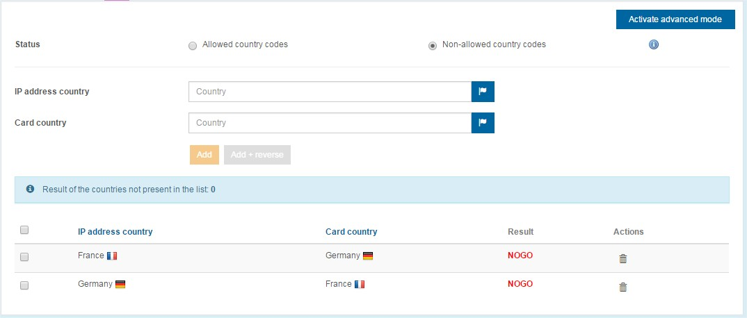 image of the section to configure the countries of the map and the IP address