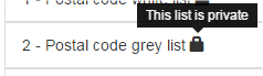 hovering over the list icon. The message is "this list is private"