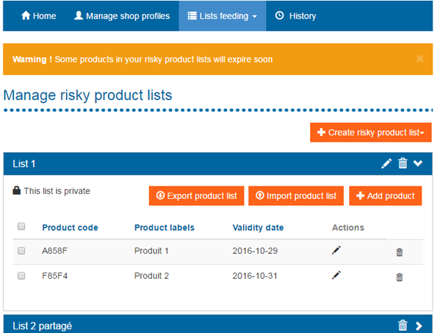 image of the administration page for lists of products at risk