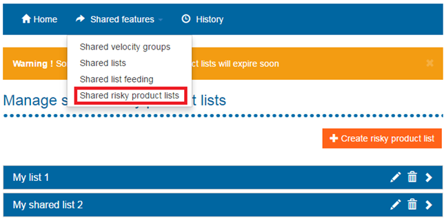 shared risky product lists tab under th shared features tab