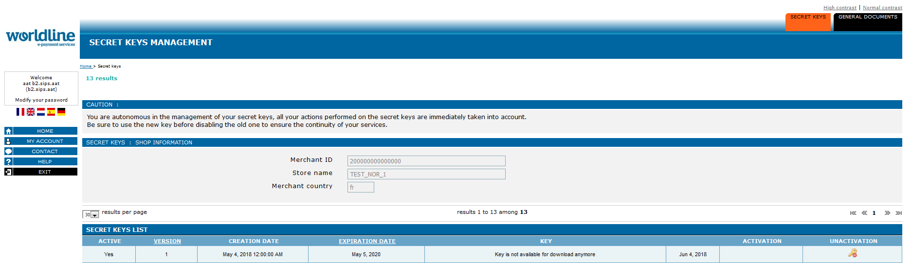 Key management page with MID and store name and existing keys 