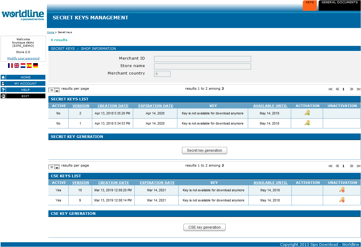 Key management page with MID and store name and existing keys 