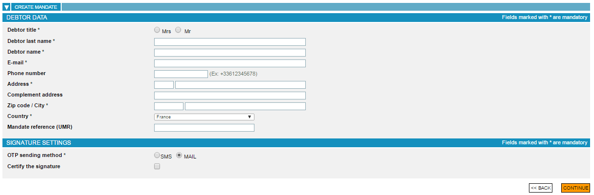 mandate electronic creation page