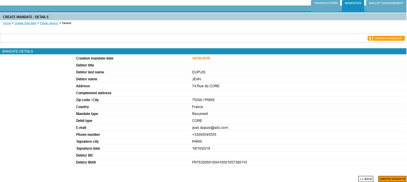 mandate details page (date, debtor last name, etc)