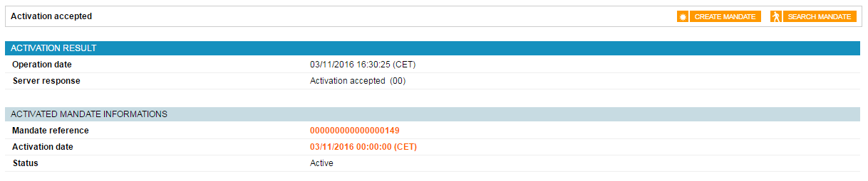 activated mandate informations page