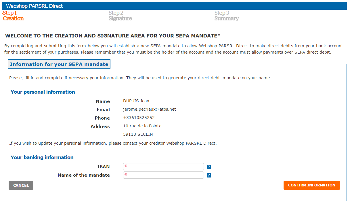 creation and signature area for SEPA mandate