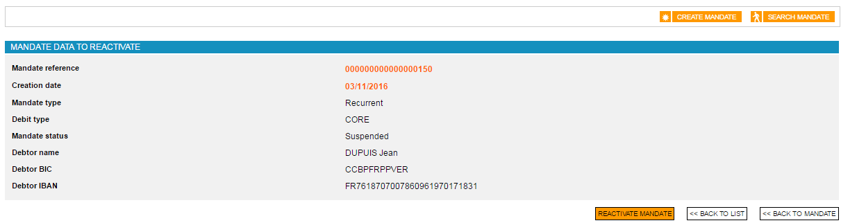 mandate reactivation confirmation page
