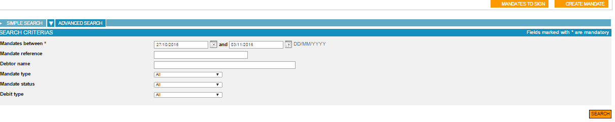 search page by mandate dates (mandatory) or other criteria (optional)