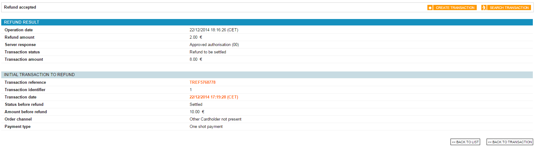 refund result and original transaction information