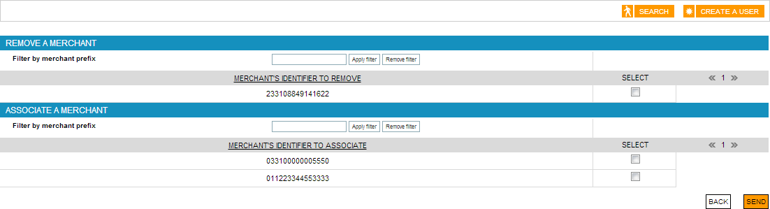 first part of the page, to remove a merchant, the second part to associate a merchant