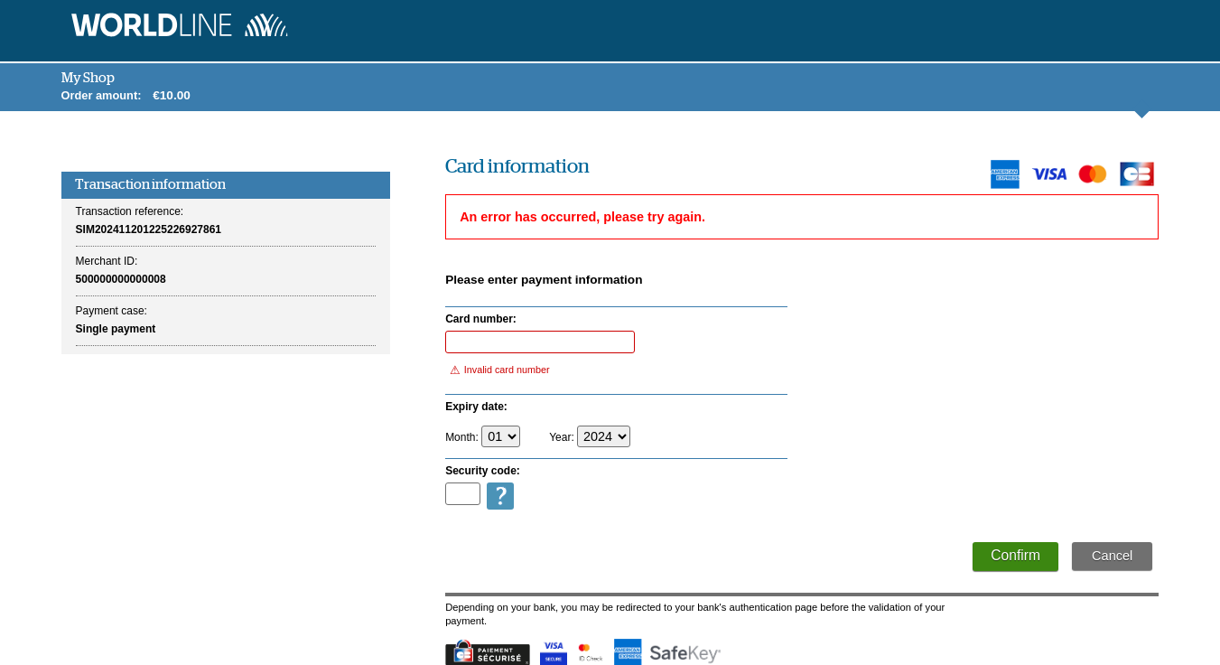 Card data entry page with red boxed error message 