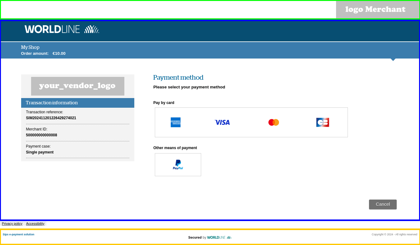 Capture of the payment page with the locations of each logo 