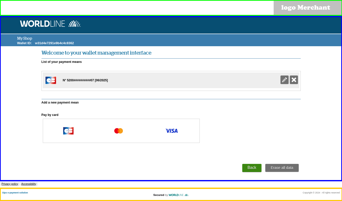 Capture of the wallet management page with the locations of each logo 