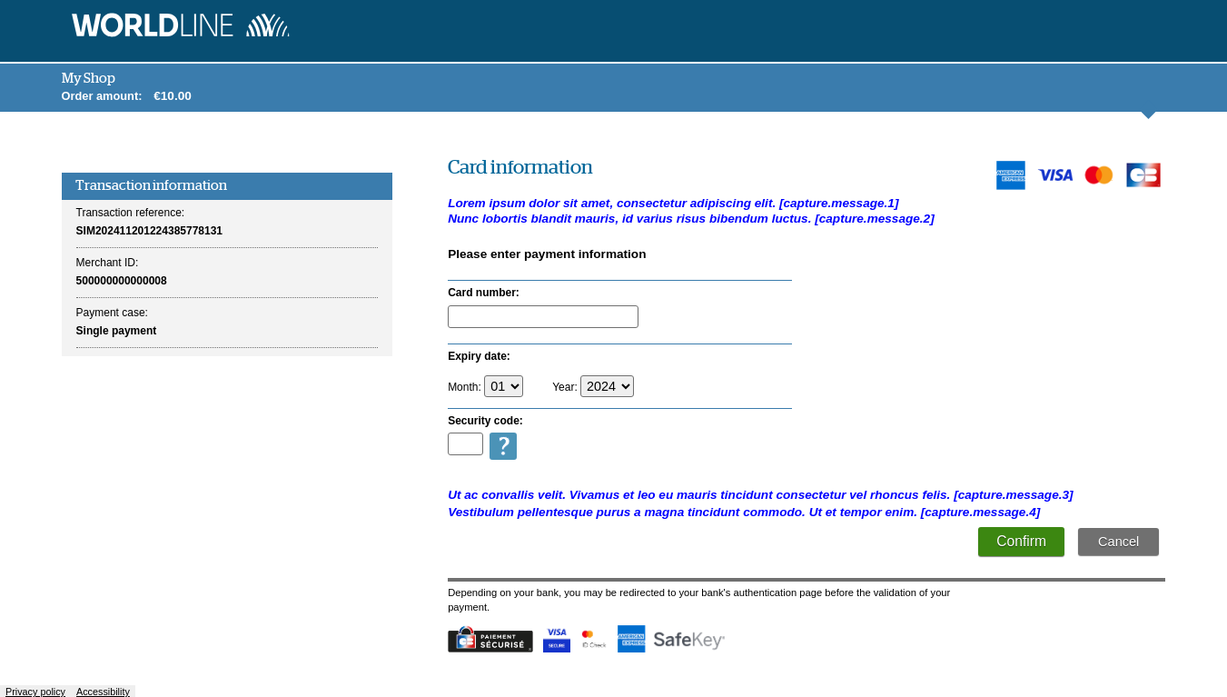 Card data entry page showing location of customizable messages 