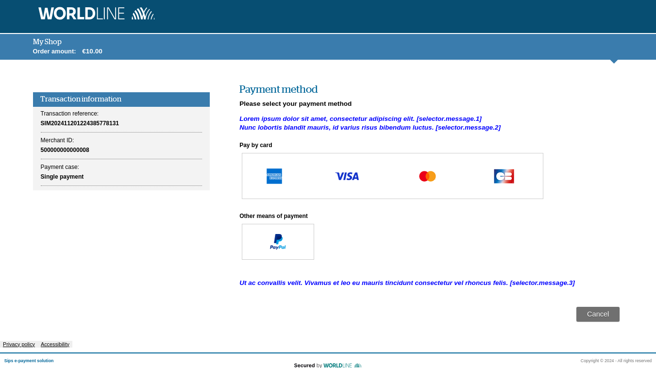 Payment method selection page showing the location of customizable messages 