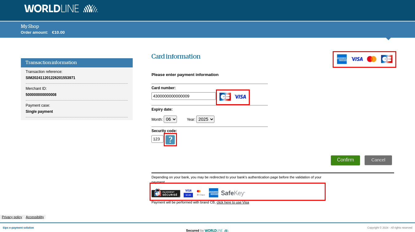 Capture of the card data entry page showing the unmodified images 