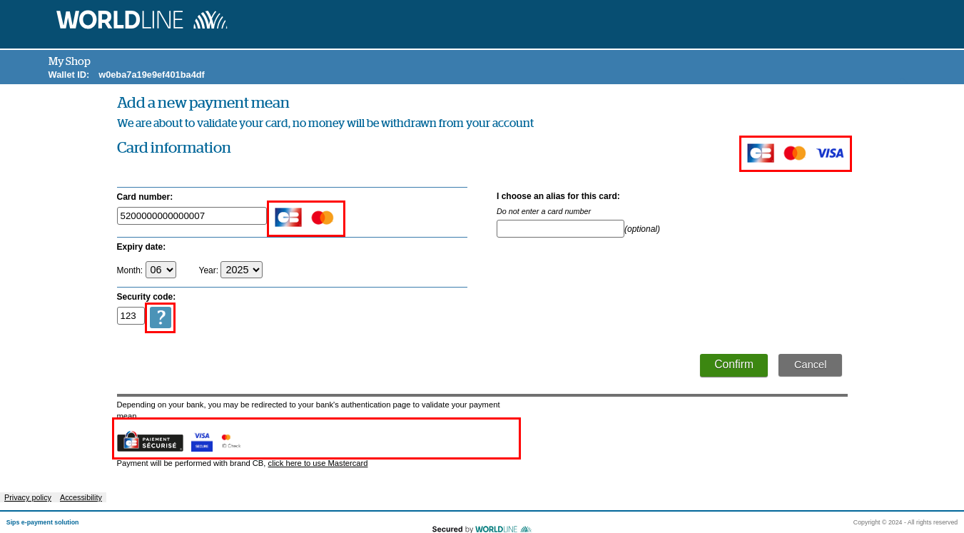 Capture of the card data entry page showing the unmodified images 