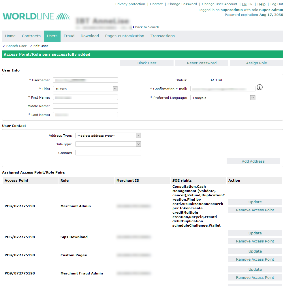 message displayed: access point/role pair successfully added