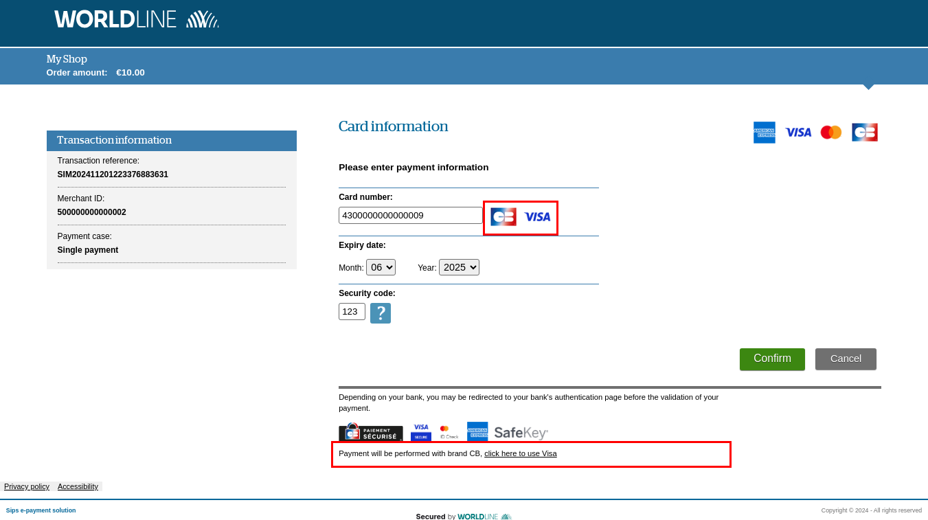 Payment page with highlighting of detected networks and network change link