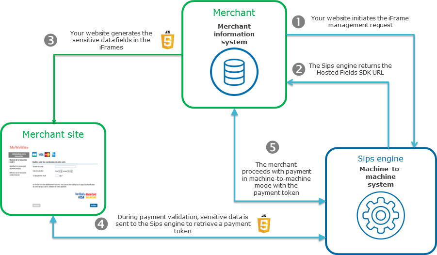 Diagram representing the payment process with the use of Hosted Fields.