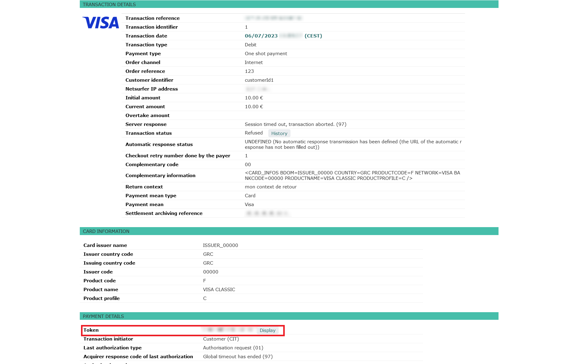 Capture of the transaction detail