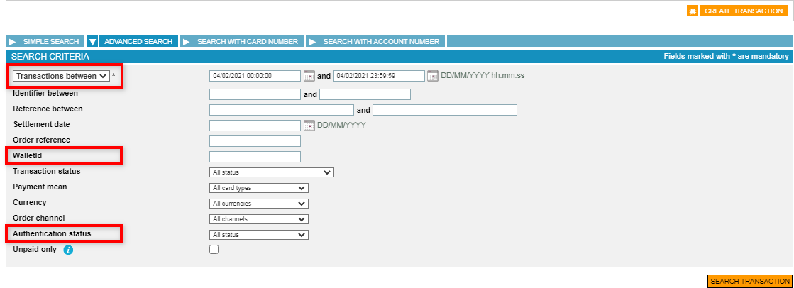 Screenshot of MEX page with advanced search fields