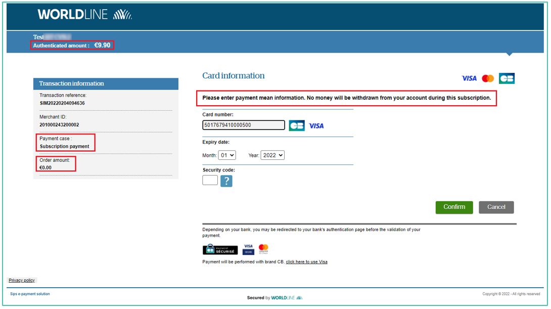 Screenshot of an example of a subscription payment