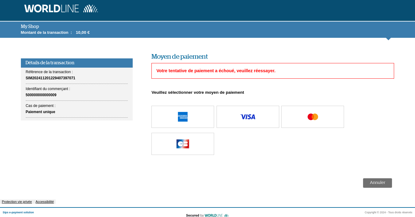 image avec le message : votre tentative de paiement a échoué, veuillez réessayer