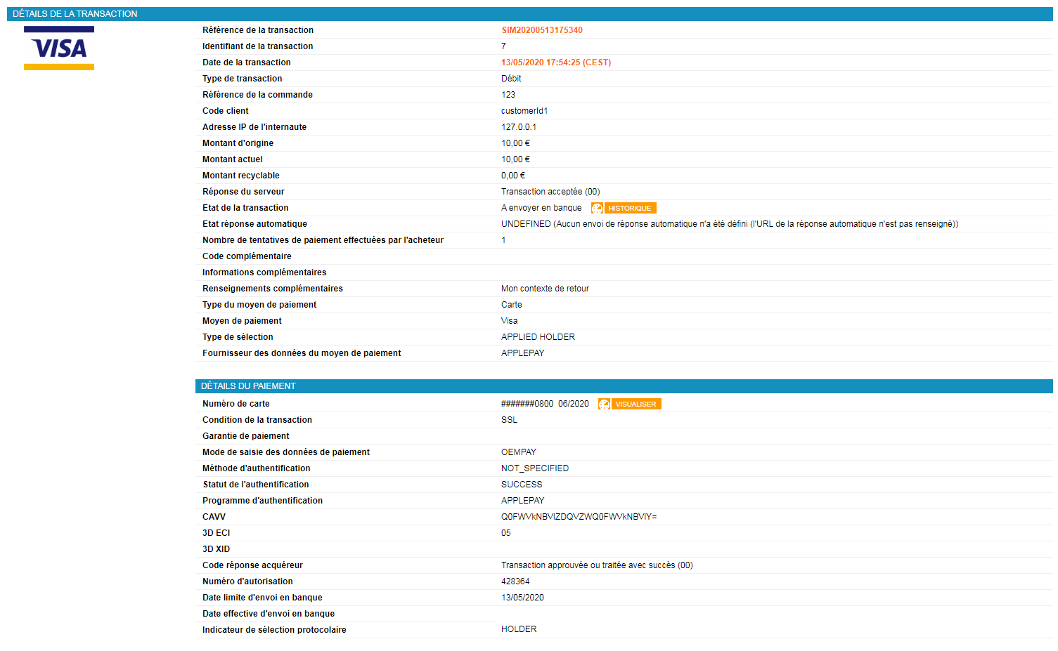 Capture des détails d'une transaction