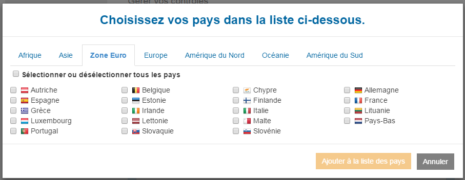 image de la popup permettant de sélectionner un ou plusieurs pays dans une liste