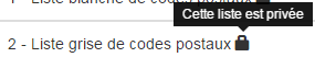 survol de l'icône liste. Le message est "cette liste est privée"