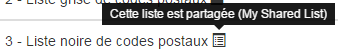 survol de l'icône liste. Le message est "cette liste est partagée"