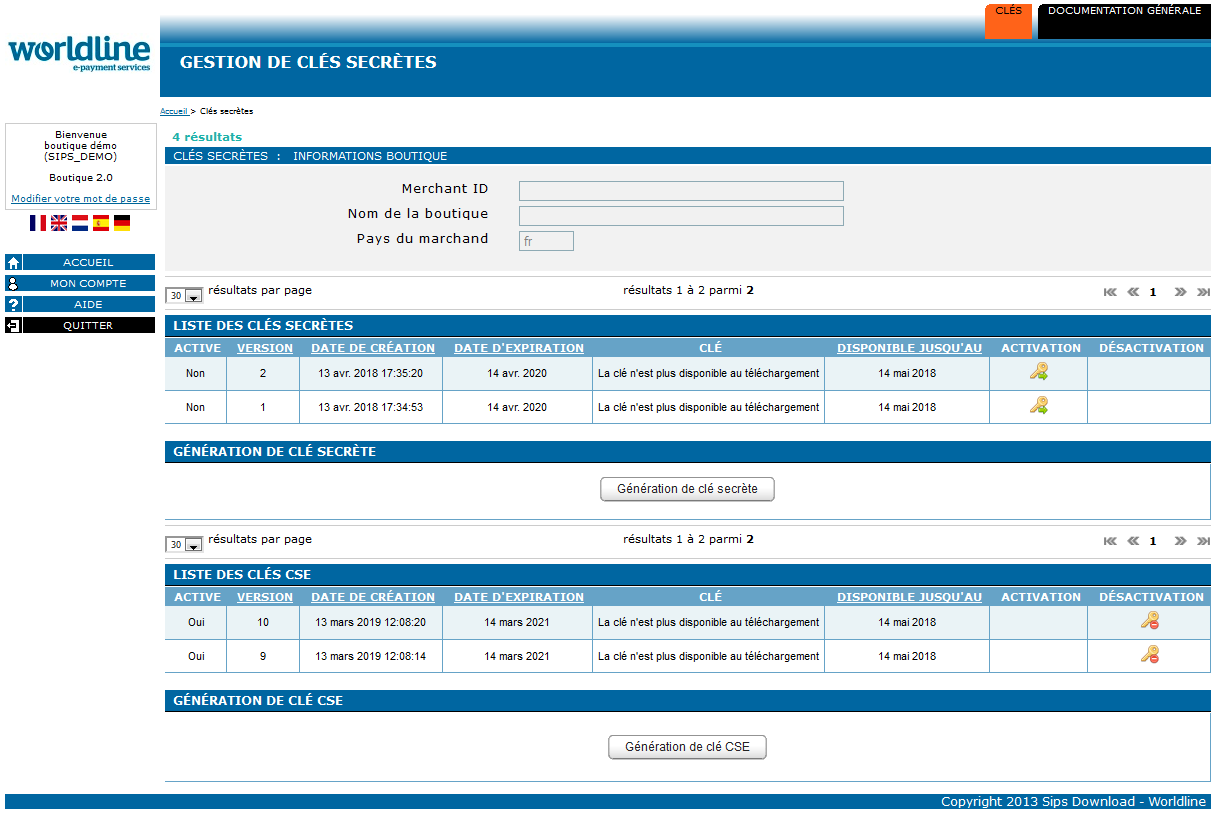 Page de gestion des clés indiquant le MID et le nom de la boutique ainsi que les clés existantes