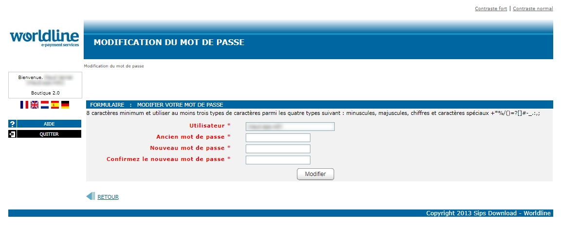 Page de modification du mot de passe