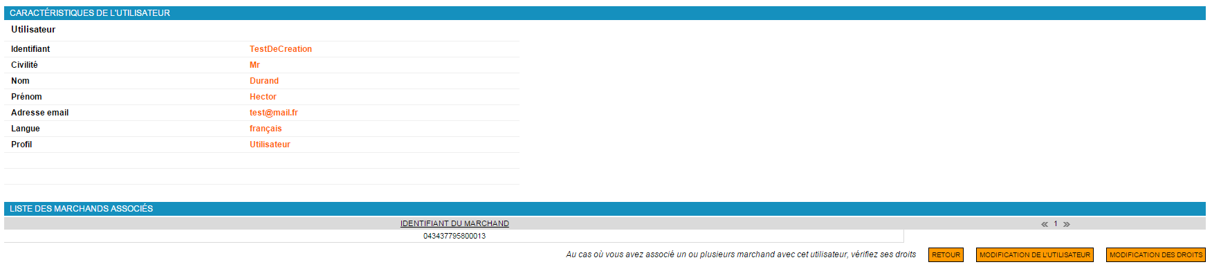 page de caractéristiques de l'utilisateur: identifiant, nom, adresse mail, etc.