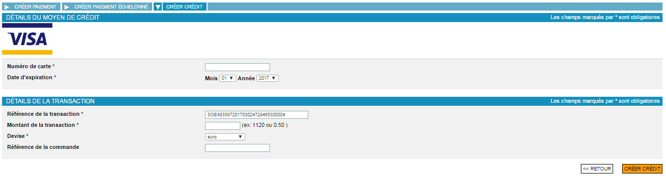 page de détails du moyen de crédit et du détails de la transaction