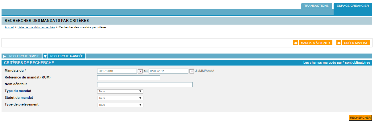 page de recherche par dates du mandat (obligatoire) ou d'autres critères (optionnels)