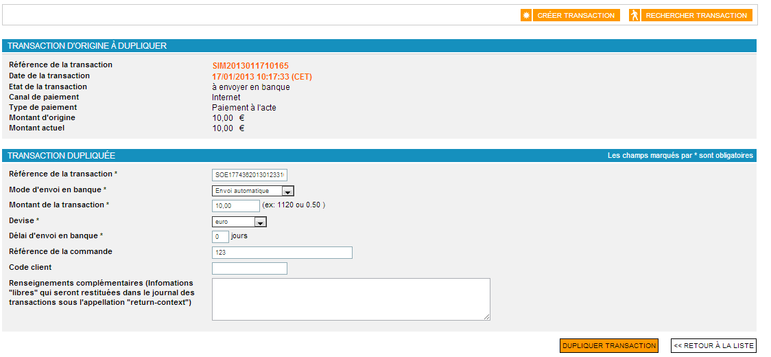 page résumant la transaction à dupliquer et les champs à remplir pour la transaction dupliquée