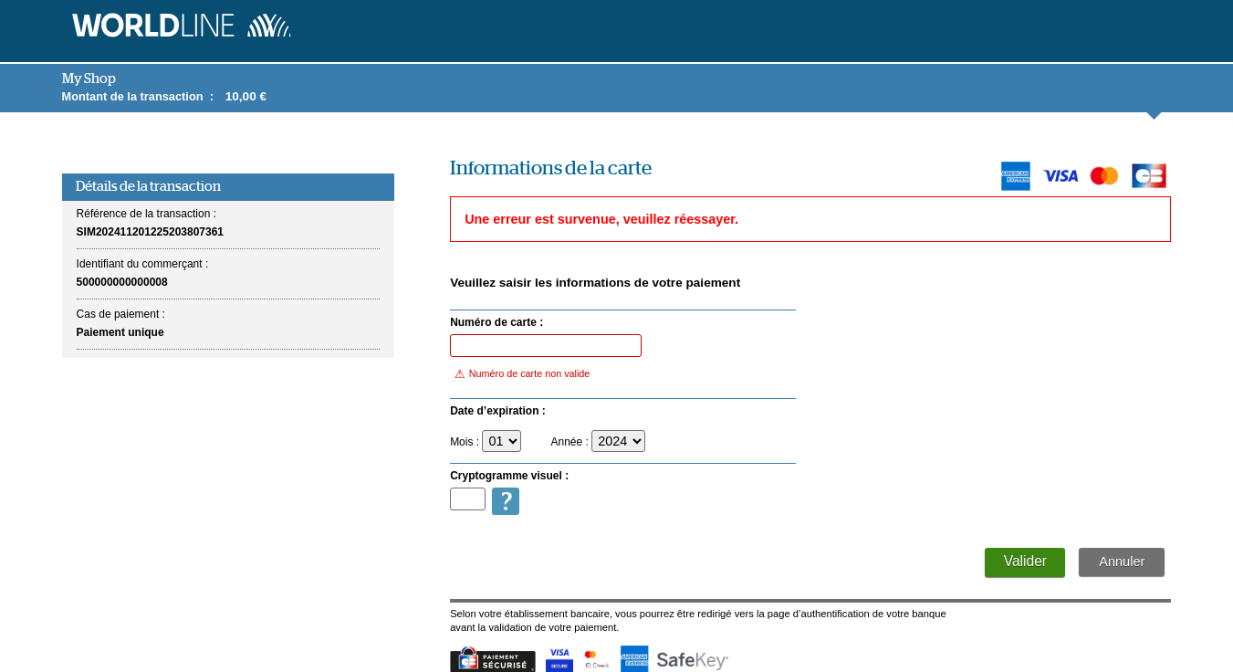 Page de saisie des données cartes avec le message d'erreur encadré en rouge 