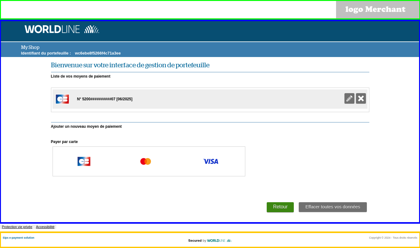 Capture de la page de gestion de wallet avec les emplacements de chaque logo 