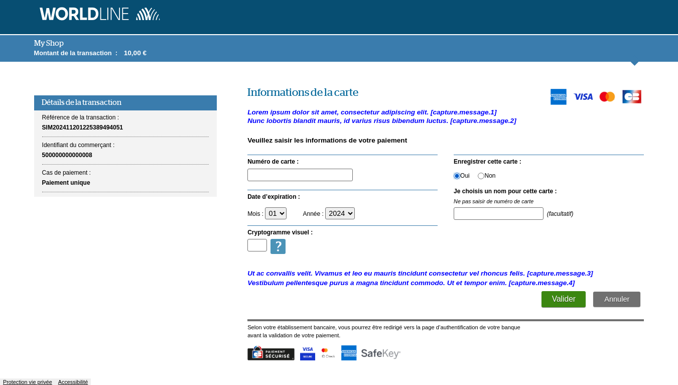 Page de saisie des infos carte avec sauvegarde avec l'emplacement des messages personnalisables 