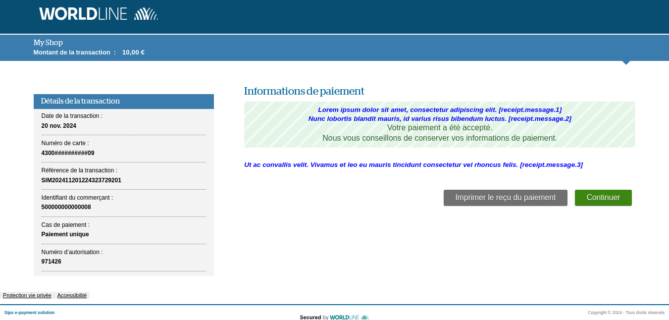 Page de confirmation du paiement avec l'emplacement des messages personnalisables 