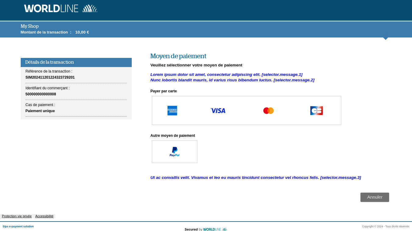 Page de choix du moyen de paiement indiquant l'emplacement des messages personnalisables 