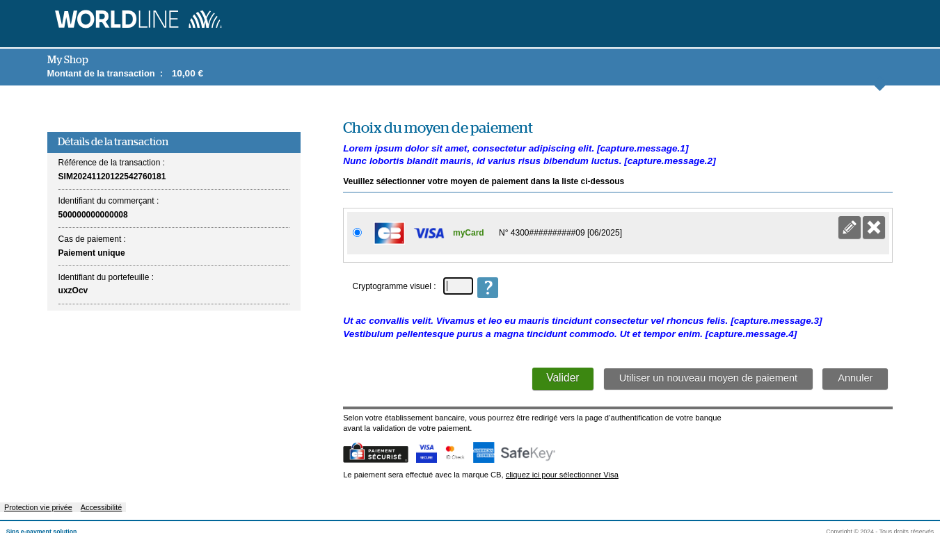 Page de paiement OneClick avec l'emplacement des messages personnalisables 