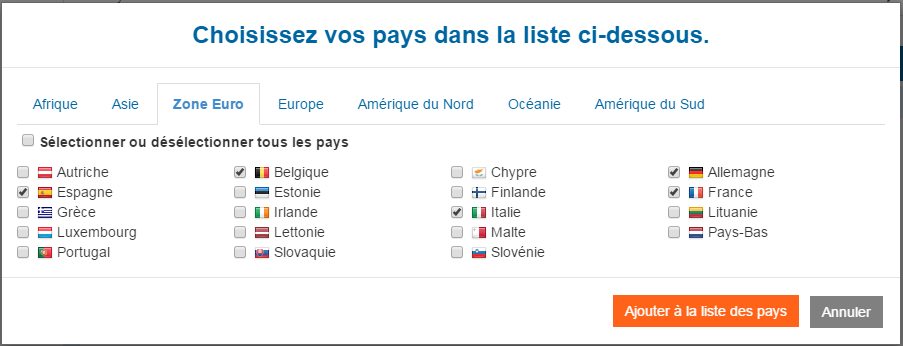 image montrant la liste de pays disponibles